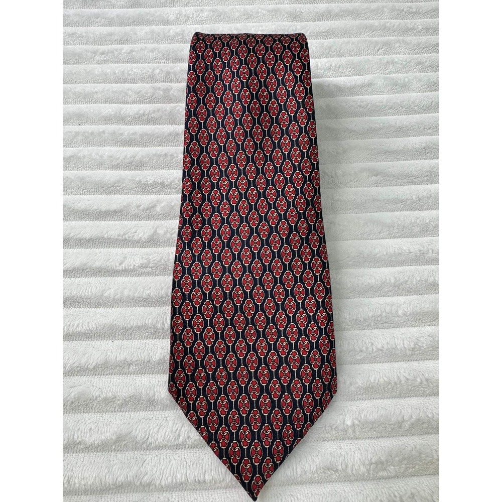 Man Road Mens Silk Necktie Navy Blue Red Geometric Chain Link Handmade Tie